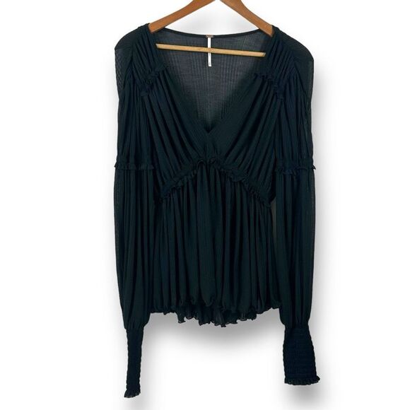 Free People Women's M Day Dreaming Balloon Sleeve Top Black Semi Sheer Blouse - Picture 1 of 12